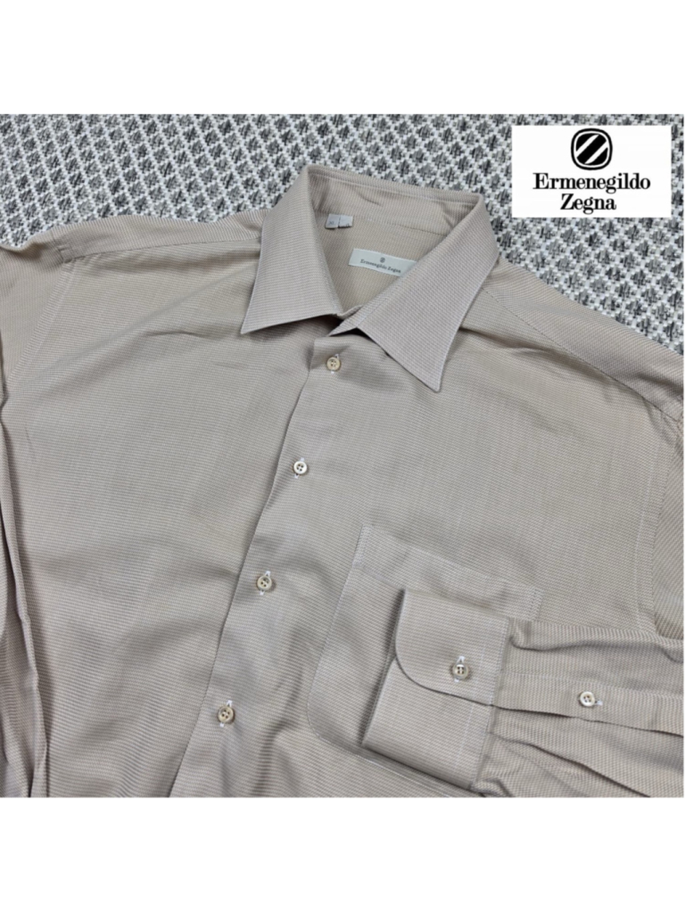 Ermenegildo Zegna Beige Textured Dress Shirt Mens XL 44 Long Sleeve Button Up